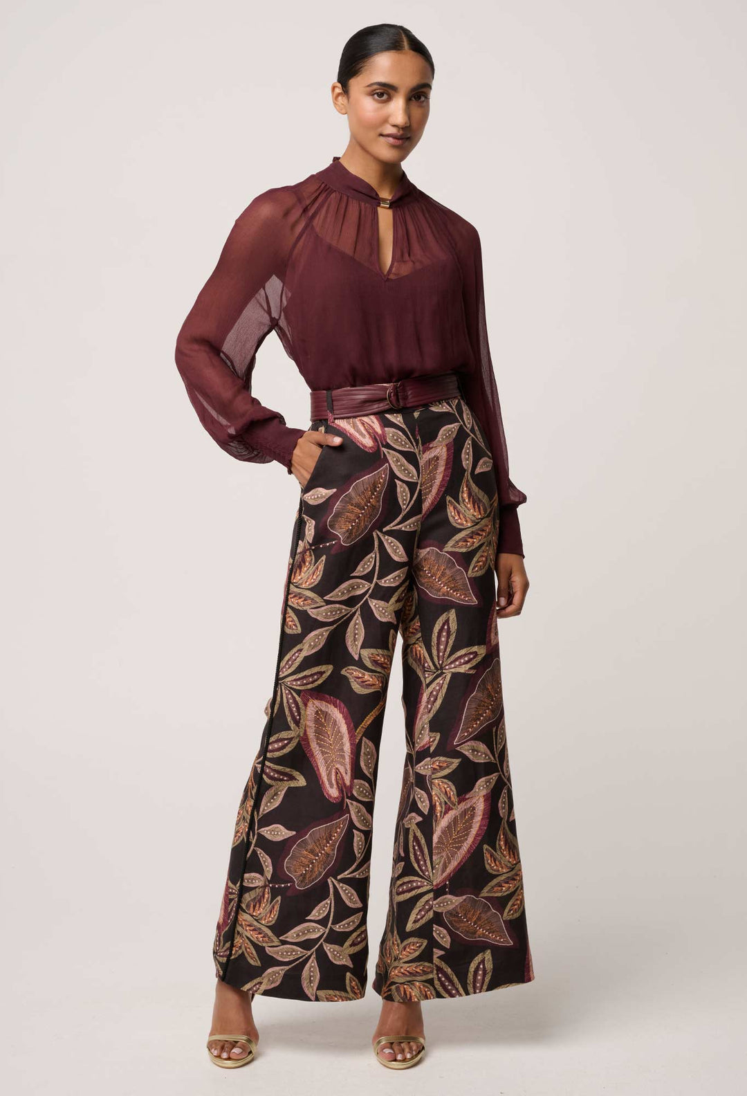 OnceWas Simona Sheer Viscose Gold Detail Blouse in Bordeaux