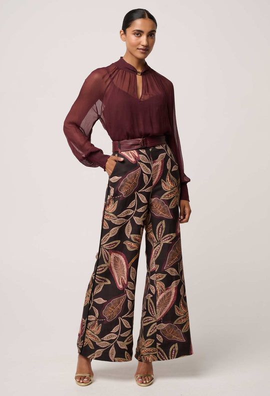 OnceWas Simona Sheer Viscose Gold Detail Blouse in Bordeaux