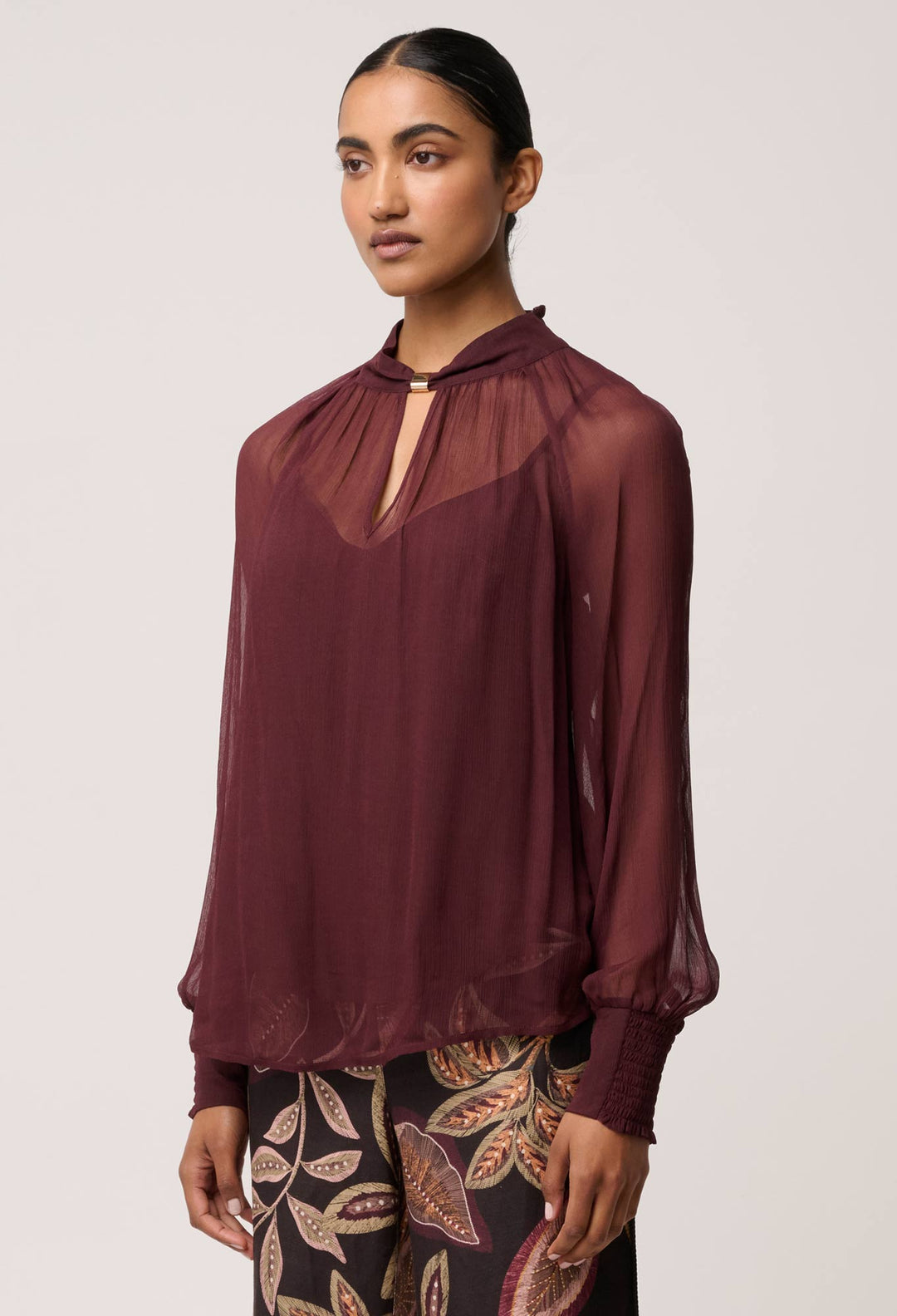 OnceWas Simona Sheer Viscose Gold Detail Blouse in Bordeaux