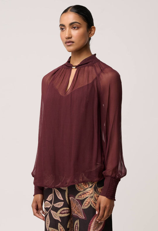 OnceWas Simona Sheer Viscose Gold Detail Blouse in Bordeaux