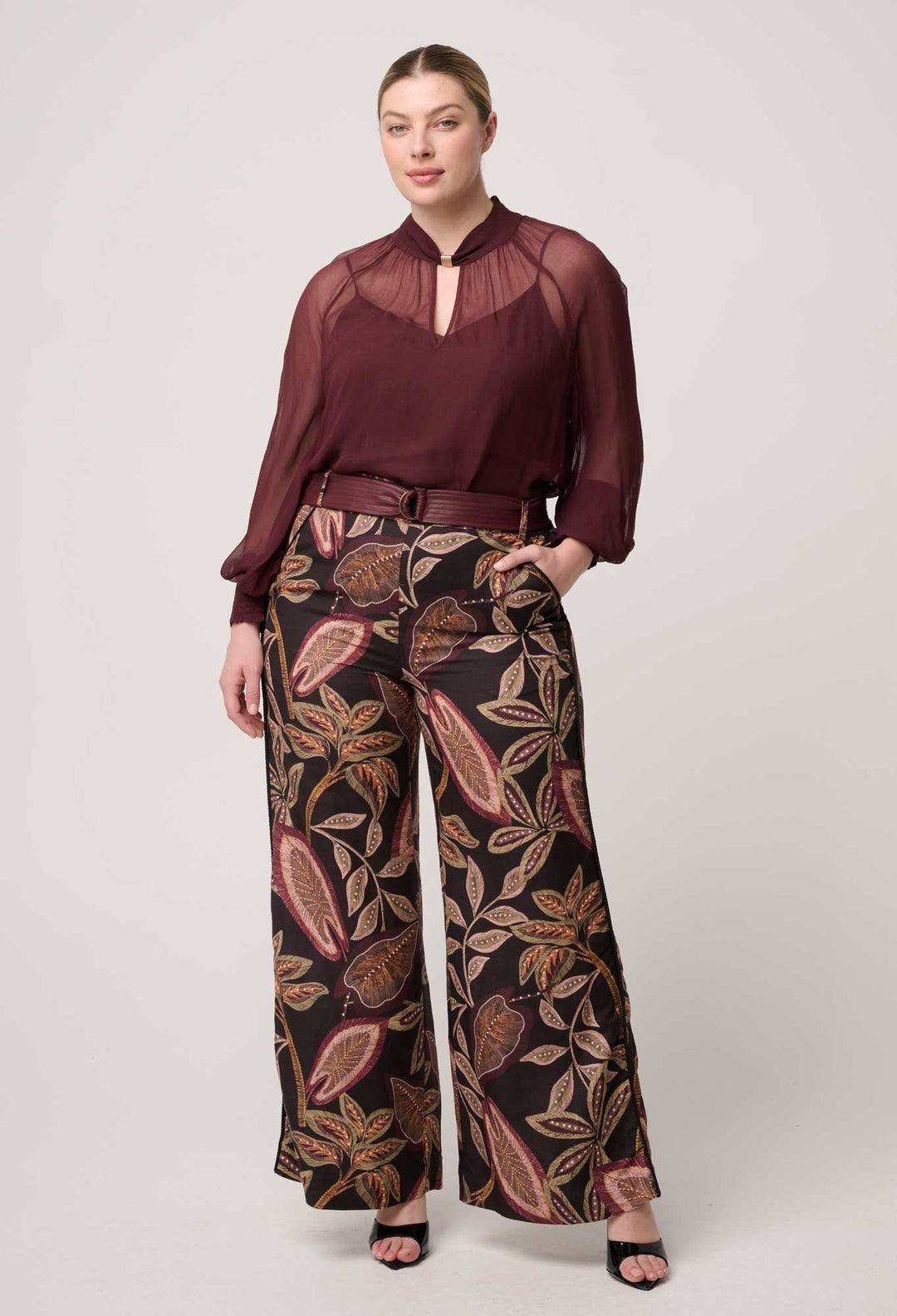 OnceWas Simona Sheer Viscose Gold Detail Blouse in Bordeaux