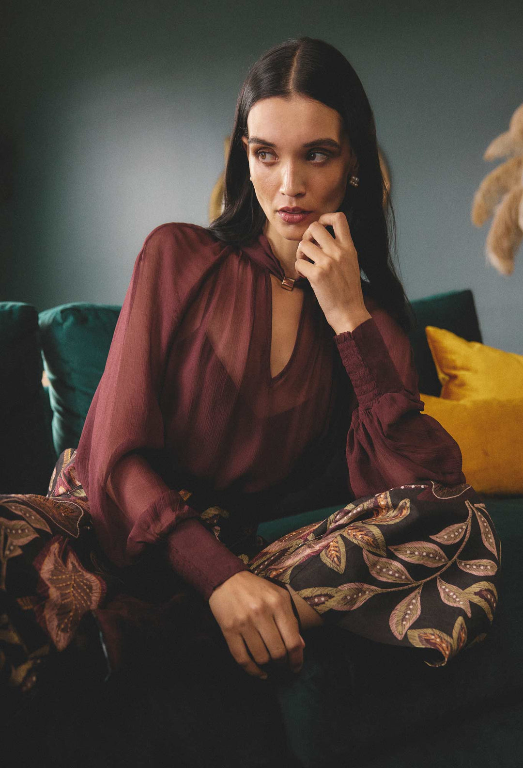 OnceWas Simona Sheer Viscose Gold Detail Blouse in Bordeaux