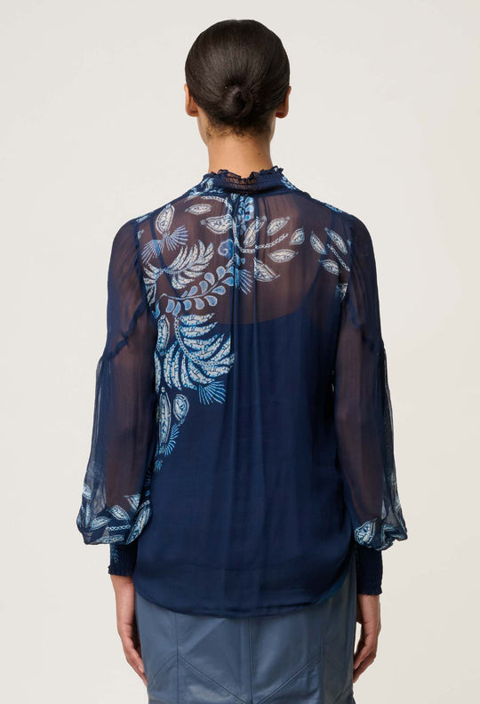 OnceWas Colette Viscose Chiffon Print Shirred Collar Blouse in Moonlit Batik