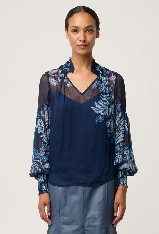 OnceWas Colette Viscose Chiffon Print Shirred Collar Blouse in Moonlit Batik
