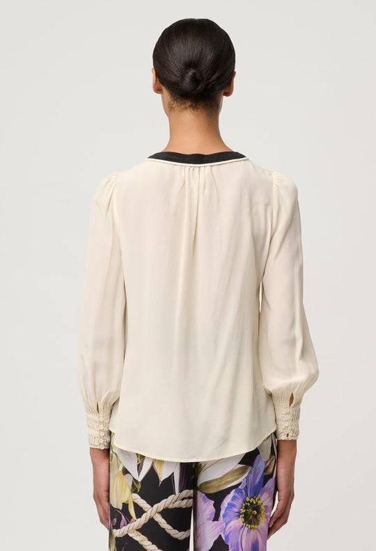 OnceWas Iris Pleated Cuff Silk Blouse in Cloud