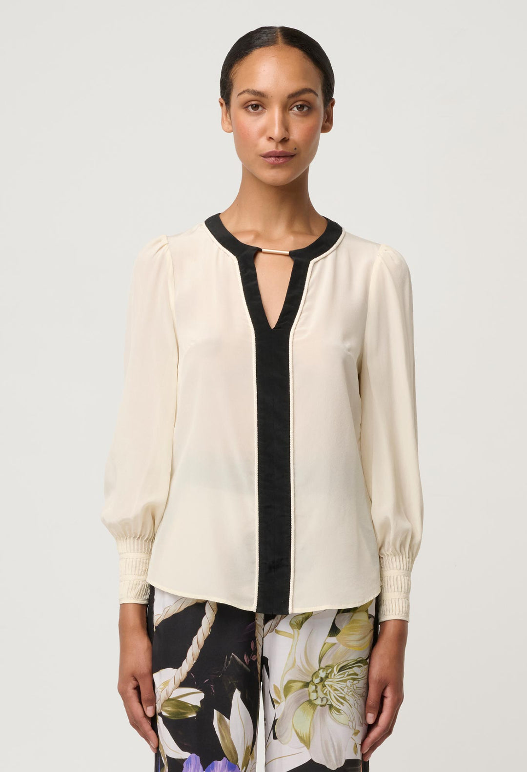 OnceWas Iris Pleated Cuff Silk Blouse in Cloud