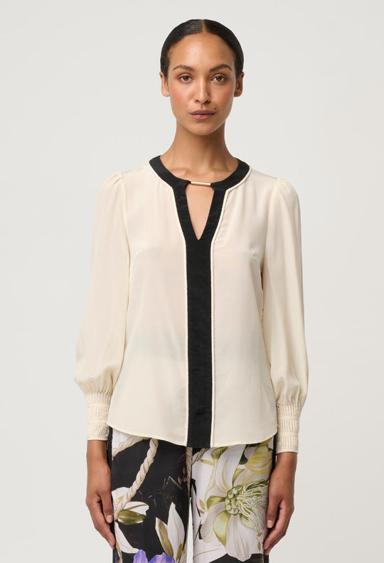 OnceWas Iris Pleated Cuff Silk Blouse in Cloud