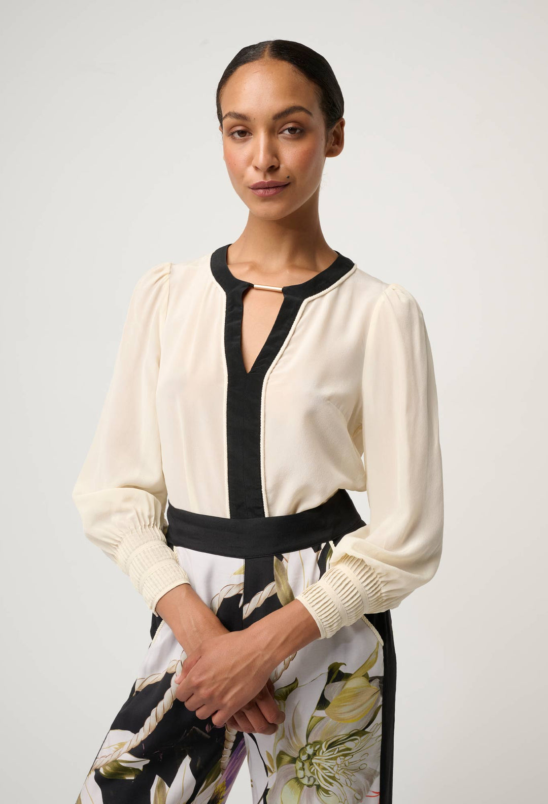 OnceWas Iris Pleated Cuff Silk Blouse in Cloud