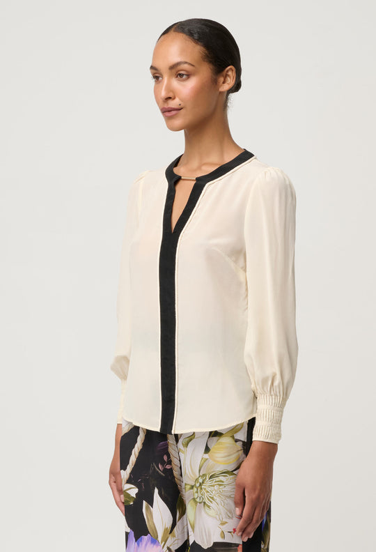 OnceWas Iris Pleated Cuff Silk Blouse in Cloud