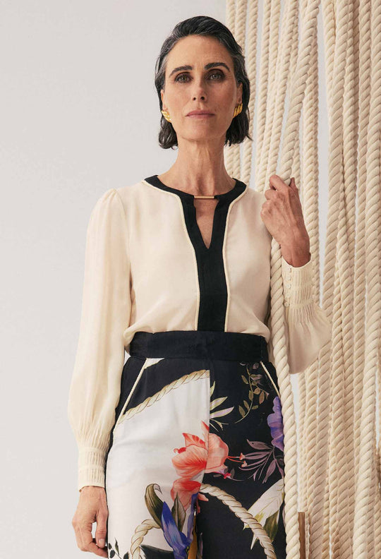 Iris Pleated Cuff Silk Blouse in Cloud