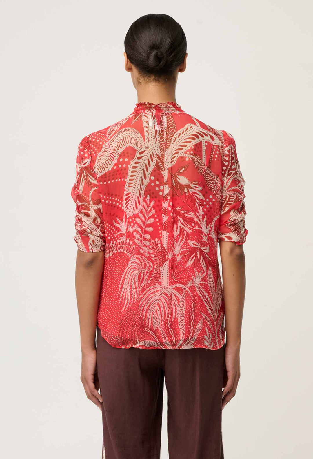 OnceWas Lunette Viscose Chiffon Blouse in Crimson Palms
