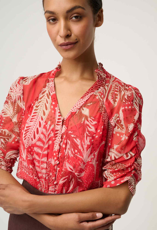 OnceWas Lunette Viscose Chiffon Blouse in Crimson Palms