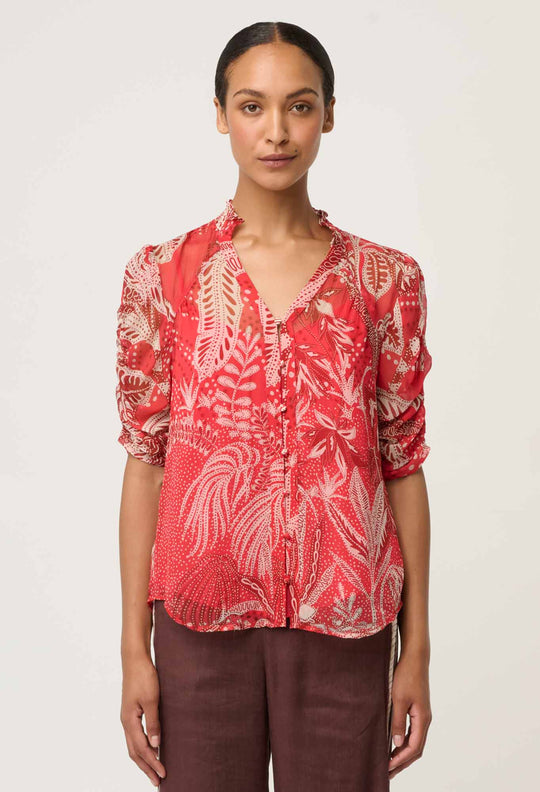 OnceWas Lunette Viscose Chiffon Blouse in Crimson Palms