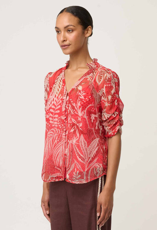 OnceWas Lunette Viscose Chiffon Blouse in Crimson Palms