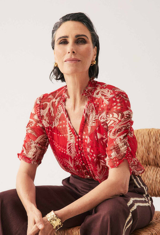 OnceWas Lunette Viscose Chiffon Blouse in Crimson Palms