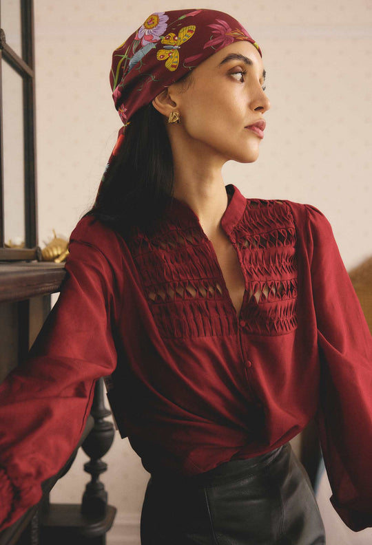 OnceWas Gillian Cotton Silk Smocked Shirt in Ruby