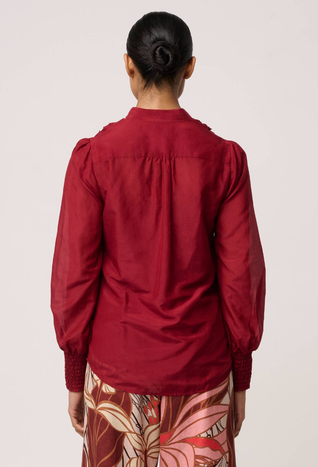 OnceWas Gillian Cotton Silk Smocked Shirt in Ruby