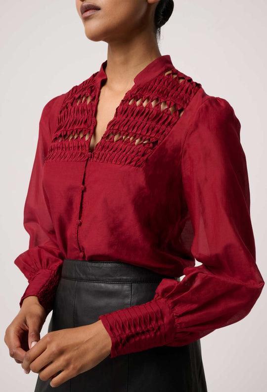OnceWas Gillian Cotton Silk Smocked Shirt in Ruby
