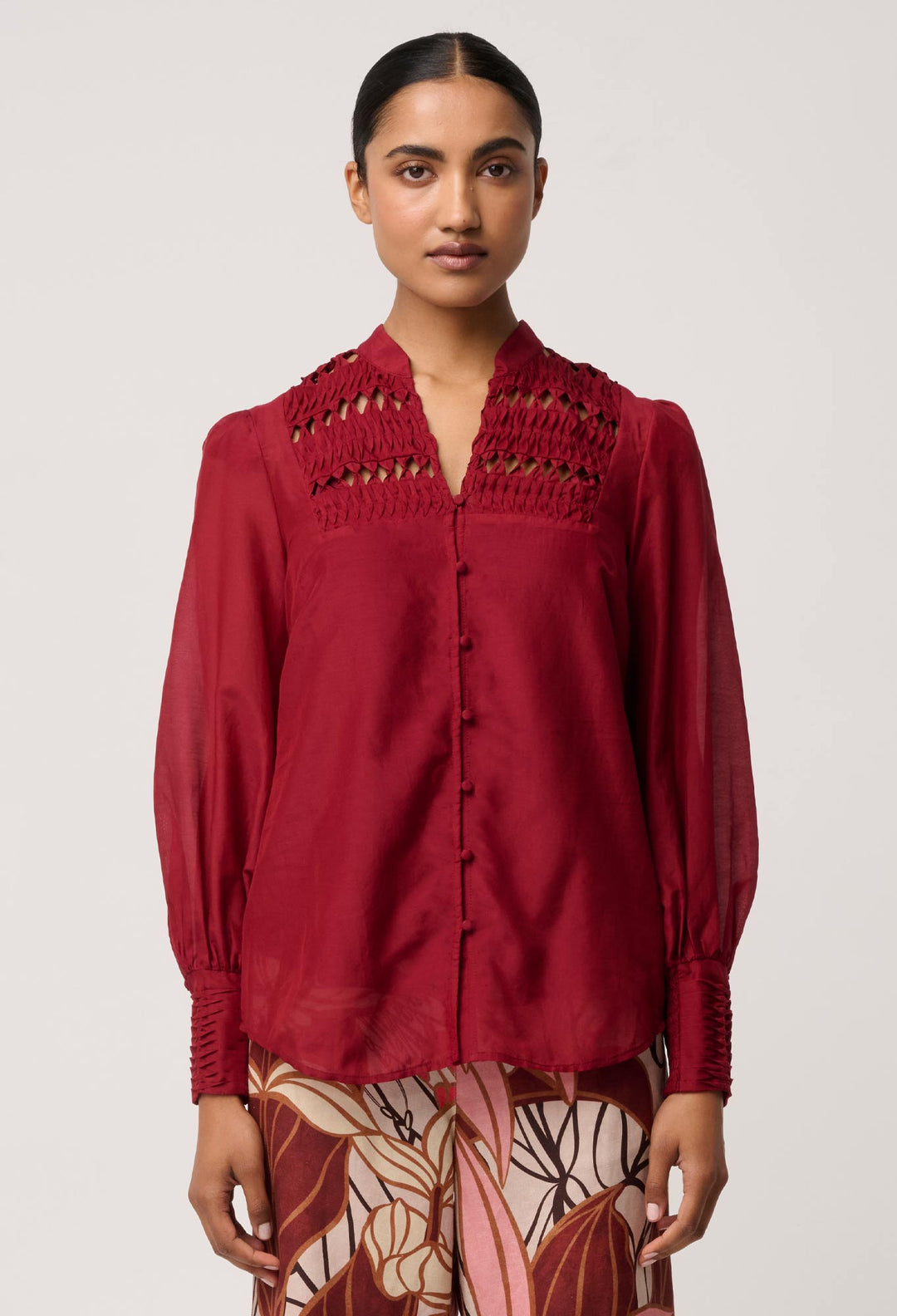 OnceWas Gillian Cotton Silk Smocked Shirt in Ruby