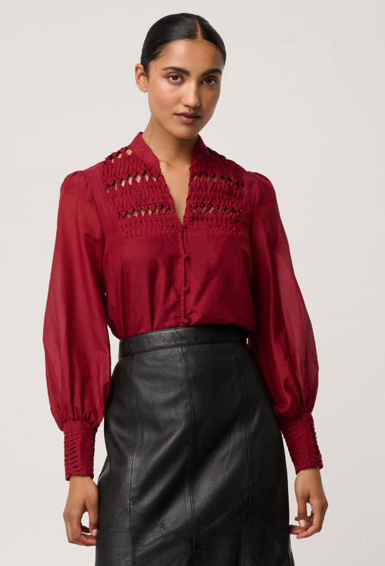 OnceWas Gillian Cotton Silk Smocked Shirt in Ruby