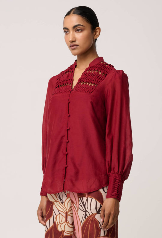 OnceWas Gillian Cotton Silk Smocked Shirt in Ruby