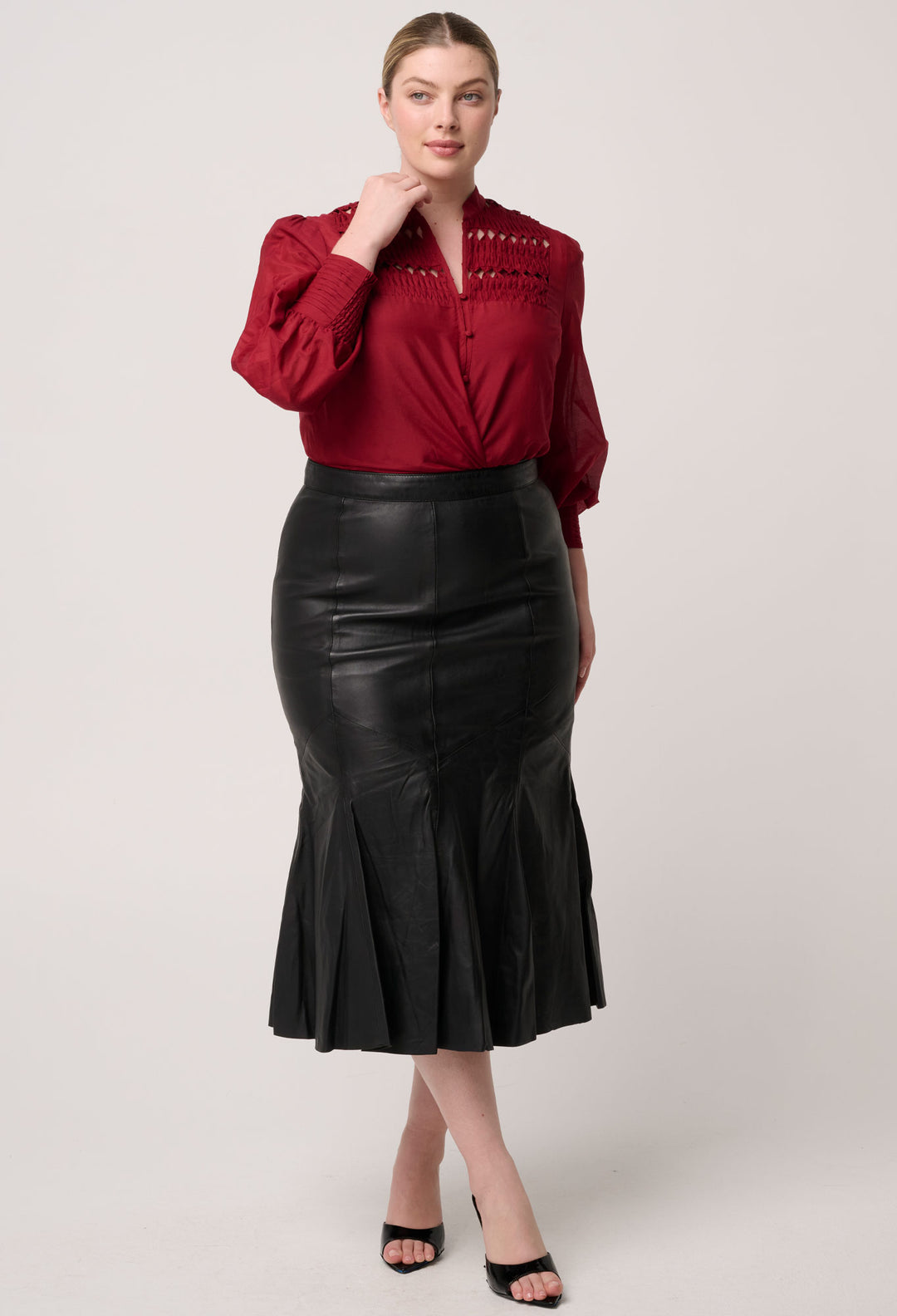 OnceWas Gillian Cotton Silk Smocked Shirt in Ruby