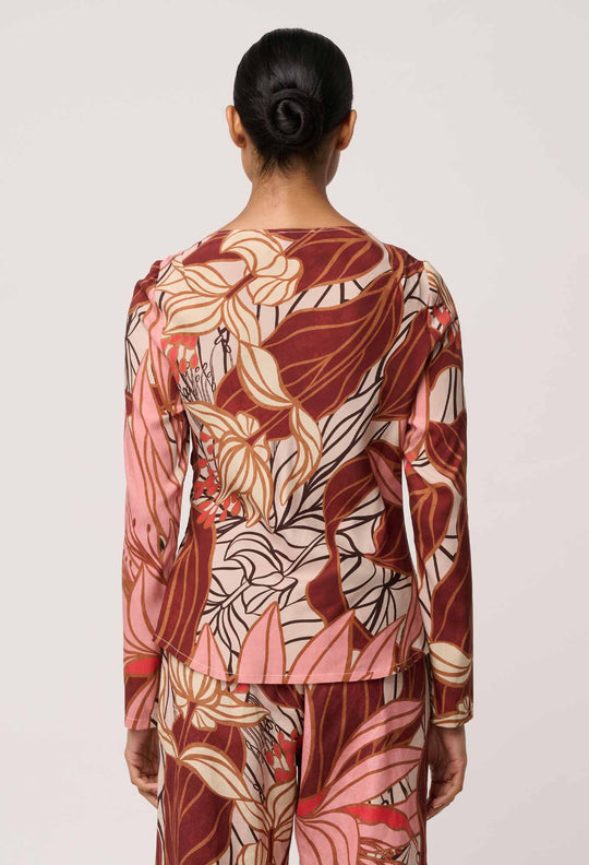 OnceWas Serene Gold Detail Cupro Viscose Stretch Print Top in Cathedral Botanic