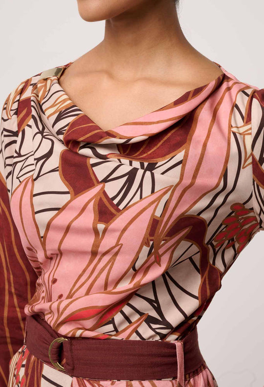 OnceWas Serene Gold Detail Cupro Viscose Stretch Print Top in Cathedral Botanic