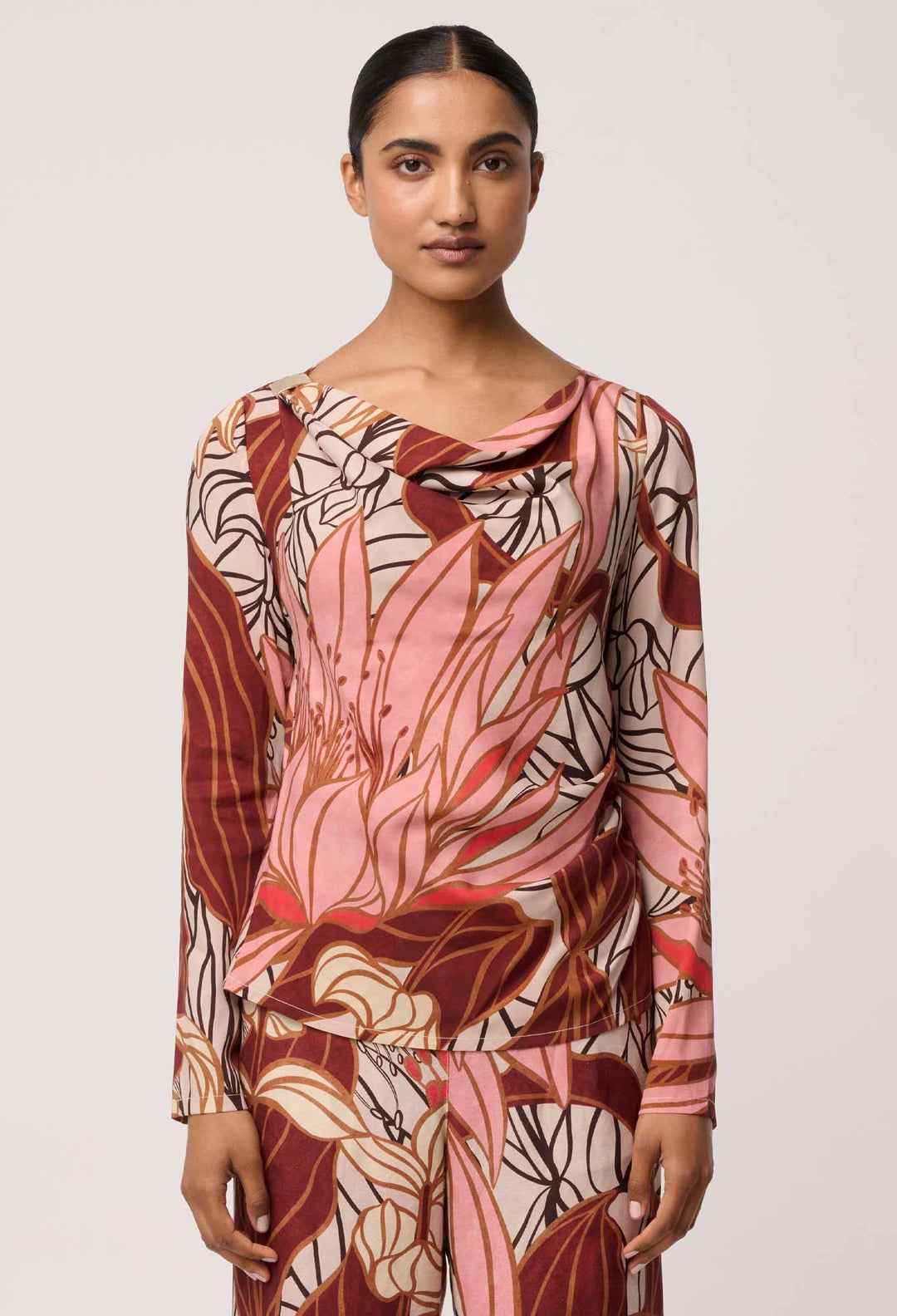 OnceWas Serene Gold Detail Cupro Viscose Stretch Print Top in Cathedral Botanic