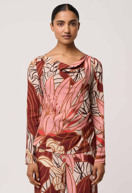 OnceWas Serene Gold Detail Cupro Viscose Stretch Print Top in Cathedral Botanic