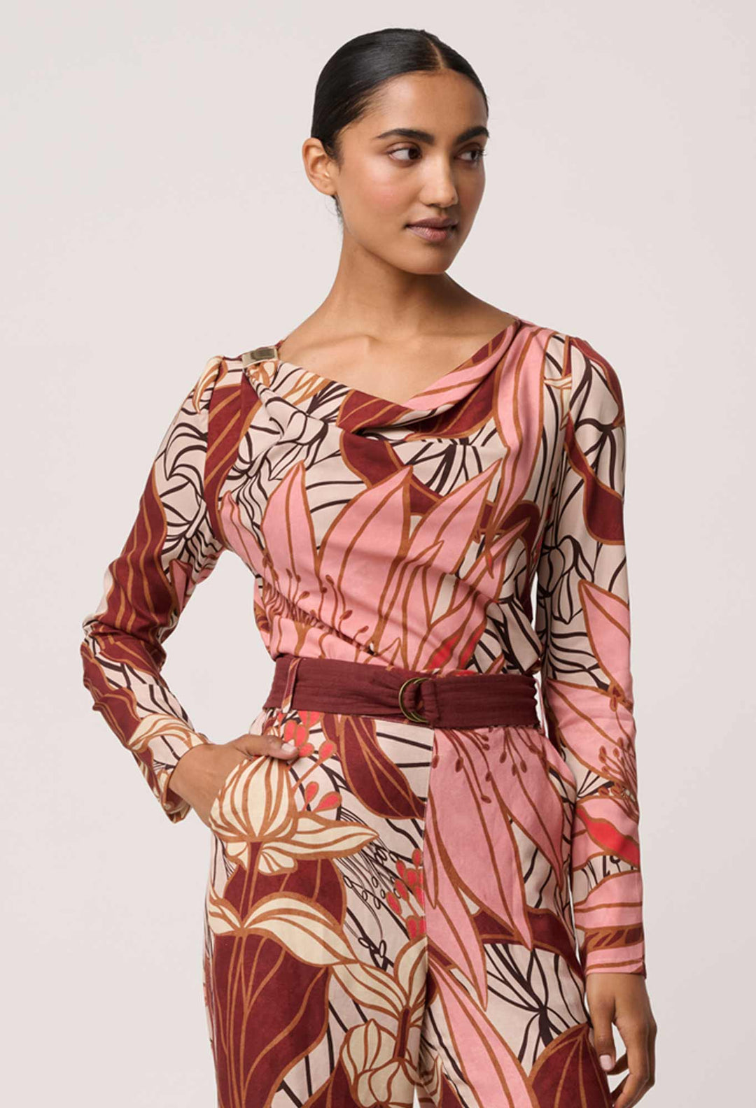 OnceWas Serene Gold Detail Cupro Viscose Stretch Print Top in Cathedral Botanic