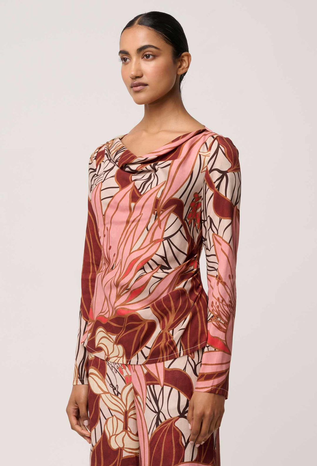 OnceWas Serene Gold Detail Cupro Viscose Stretch Print Top in Cathedral Botanic