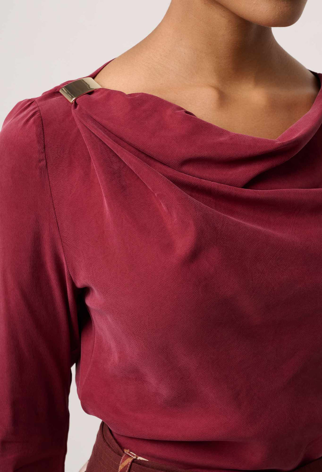 OnceWas Serene Gold Detail Cupro Viscose Stretch Top in Ruby