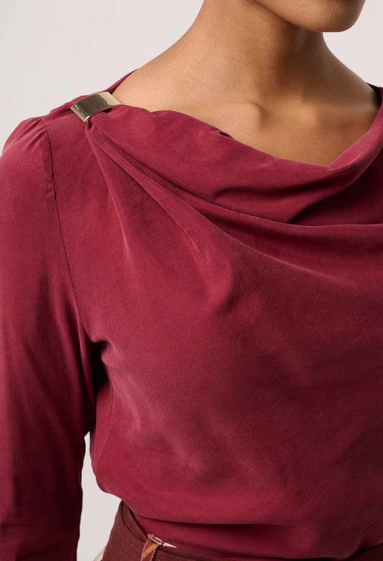 OnceWas Serene Gold Detail Cupro Viscose Stretch Top in Ruby