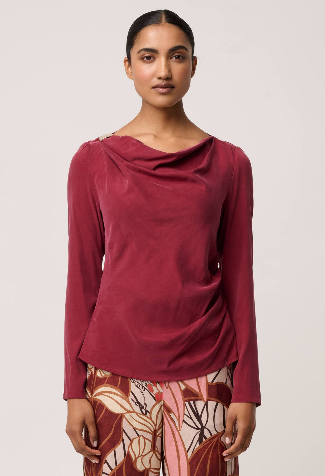 OnceWas Serene Gold Detail Cupro Viscose Stretch Top in Ruby