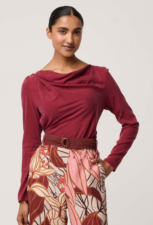 OnceWas Serene Gold Detail Cupro Viscose Stretch Top in Ruby