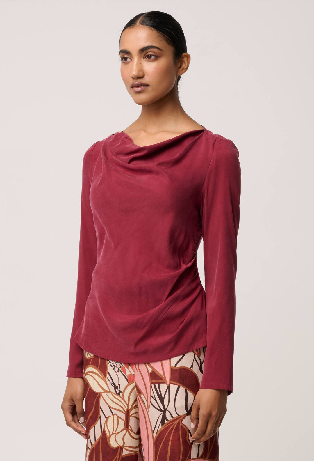OnceWas Serene Gold Detail Cupro Viscose Stretch Top in Ruby