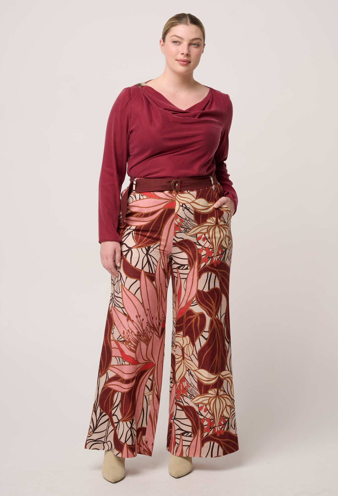 OnceWas Serene Gold Detail Cupro Viscose Stretch Top in Ruby