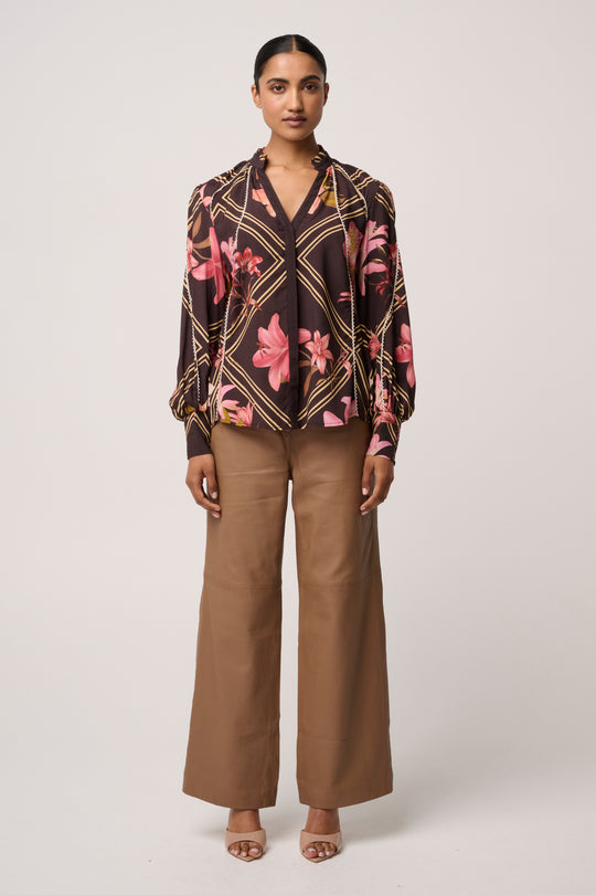 Illusion Viscose Blend Printed Blouse in Obsidian Bloom