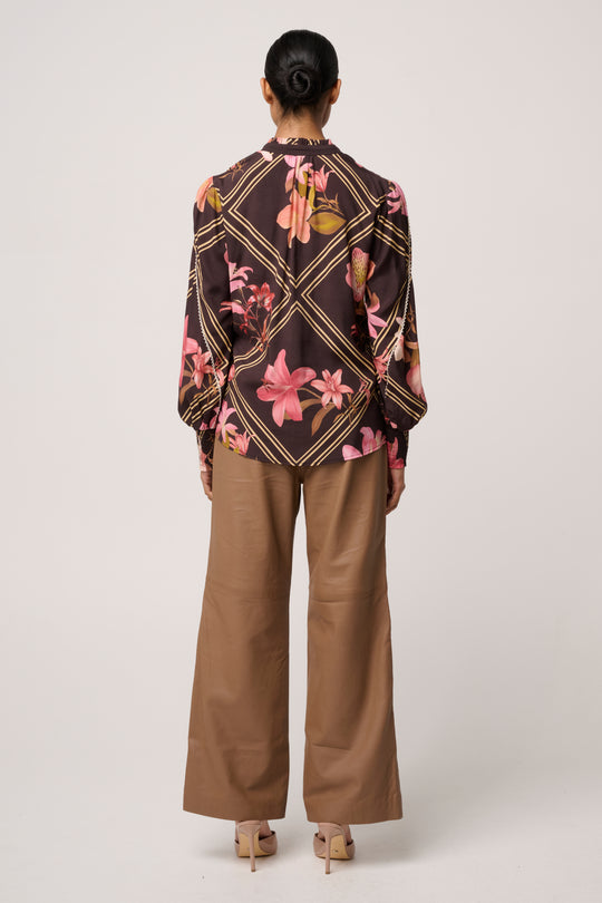 Illusion Viscose Blend Printed Blouse in Obsidian Bloom