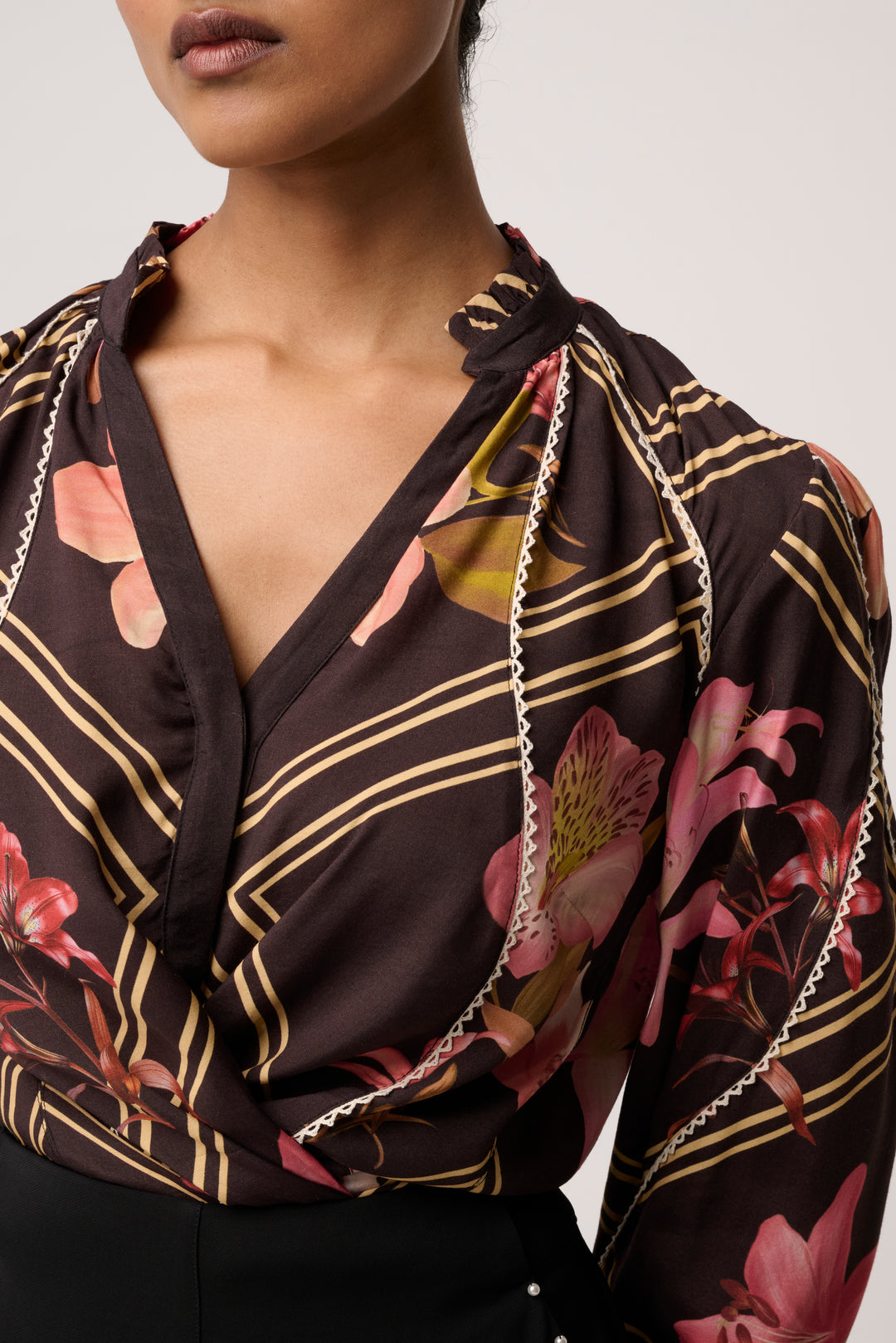 Illusion Viscose Blend Printed Blouse in Obsidian Bloom