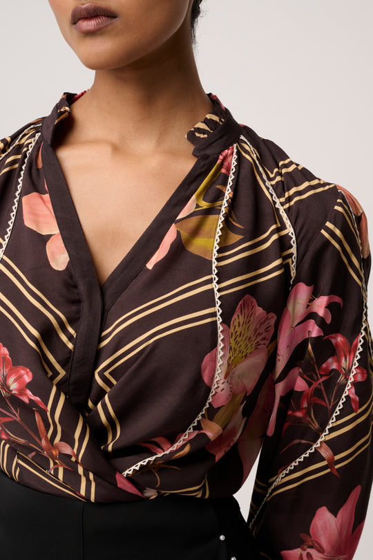 Illusion Viscose Blend Printed Blouse in Obsidian Bloom