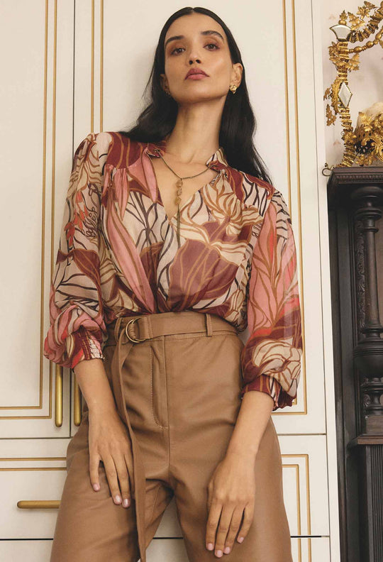 OnceWas Freya Sheer Viscose Blouse with Embellished Neck Detail in Cathedral Botanic
