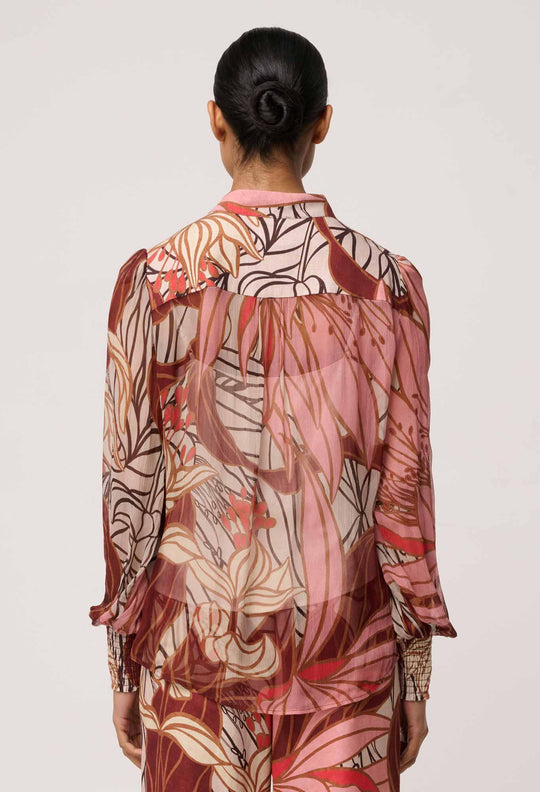 OnceWas Freya Sheer Viscose Blouse with Embellished Neck Detail in Cathedral Botanic