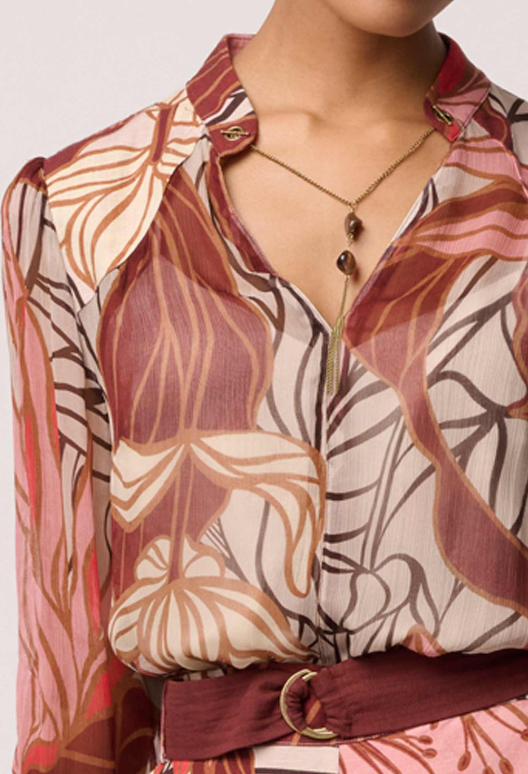 UNDER 5"4 Freya Sheer Viscose Blouse with Embellished Neck in Cathedral Botanic