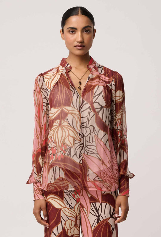 OnceWas Freya Sheer Viscose Blouse with Embellished Neck Detail in Cathedral Botanic