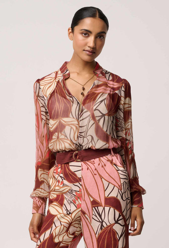 OnceWas Freya Sheer Viscose Blouse with Embellished Neck Detail in Cathedral Botanic