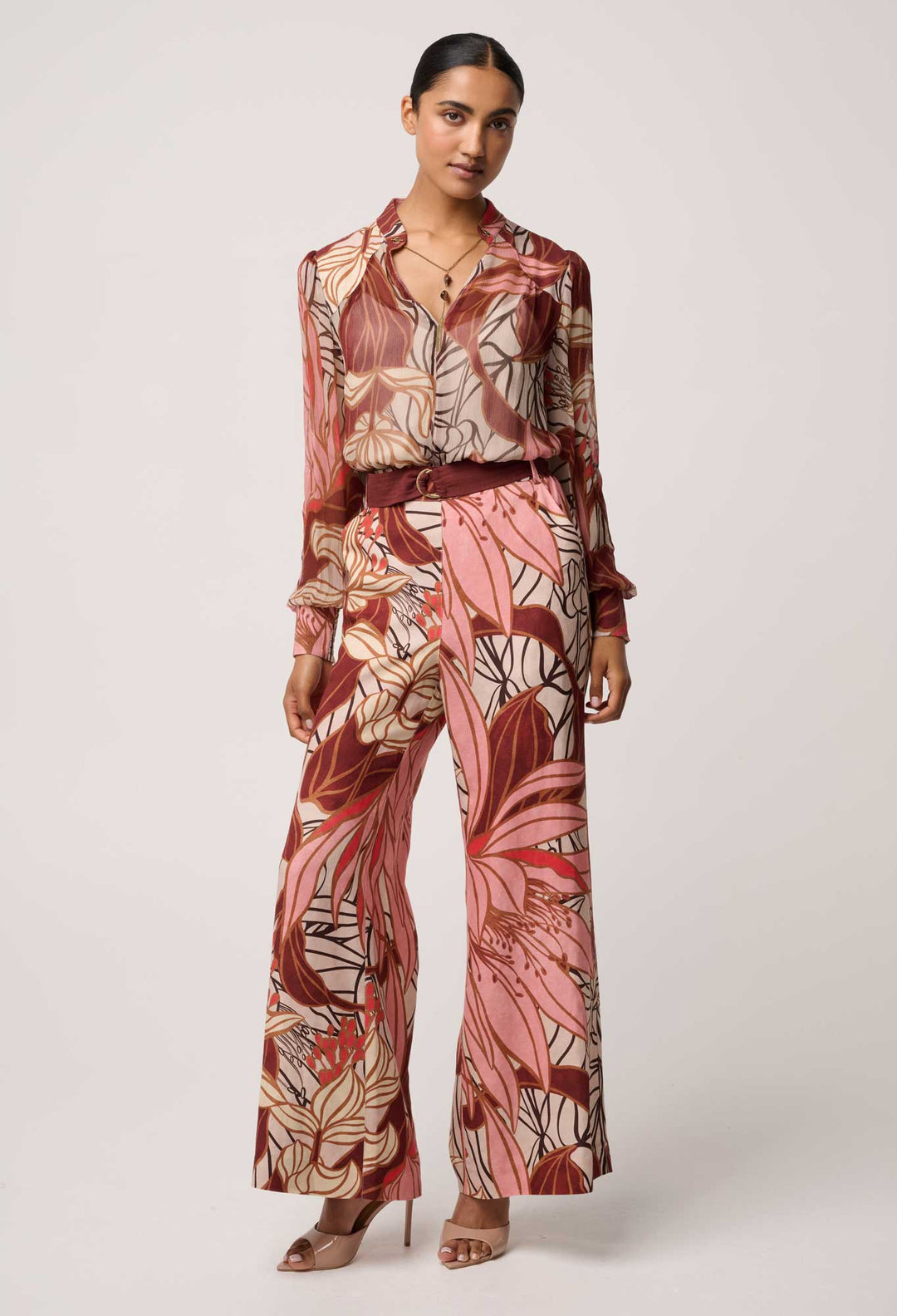 Freya Sheer Viscose Blouse with Embellished Neck Detail in Cathedral Botanic