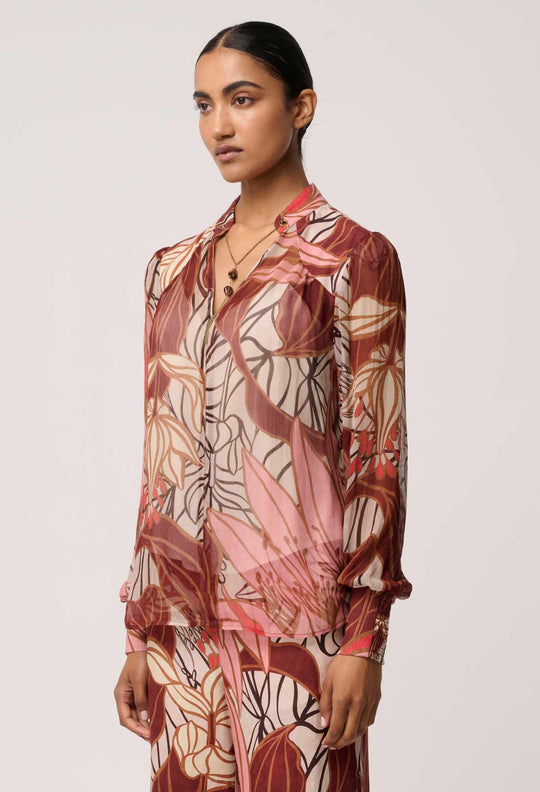 OnceWas Freya Sheer Viscose Blouse with Embellished Neck Detail in Cathedral Botanic
