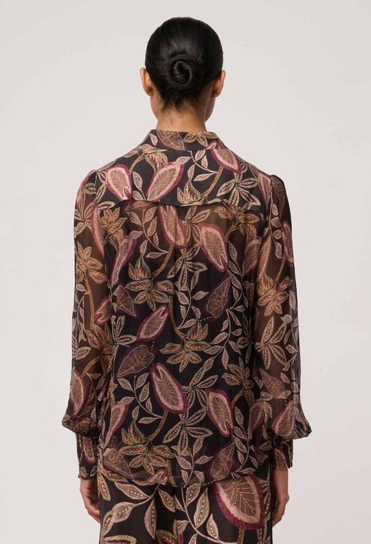 OnceWas Freya Sheer Viscose Blouse with Embellished Neck in Dark Tropique